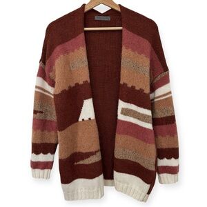 Elsamanda Striped Open Front Longline Cardigan Wool Alpaca Blend Small